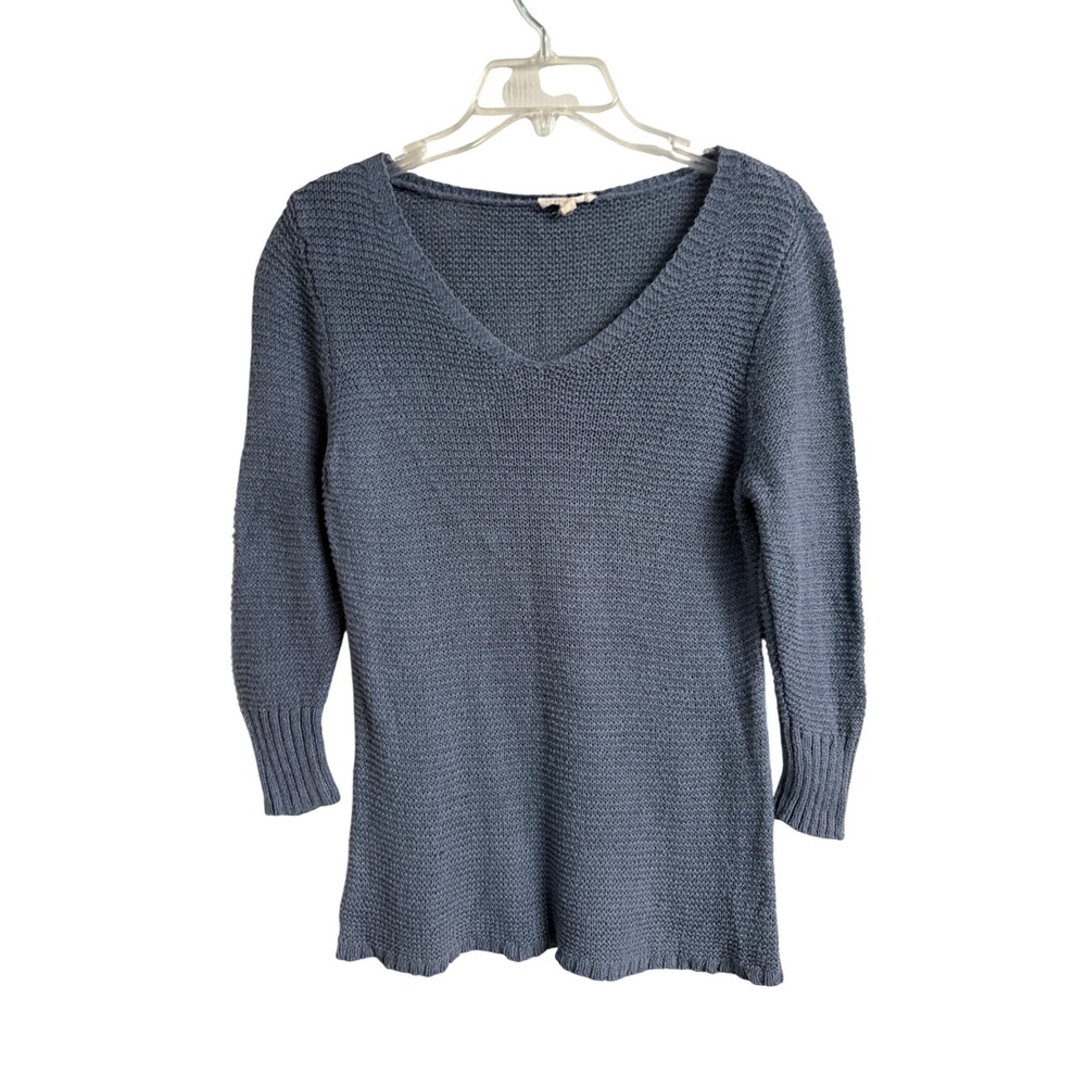 Eileen Fisher Womens Slate Blue Linen Blend VNeck 3/4 Sleeve Knit Sweater Size M